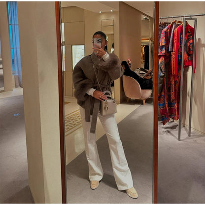 Frauen Mäntel Elegante Revers Plüsch Mit Gürtel Faux Pelz Hülse Tweed Offenen Mantel Weibliche 2025, Herbst Winter Mode Dame streetwear