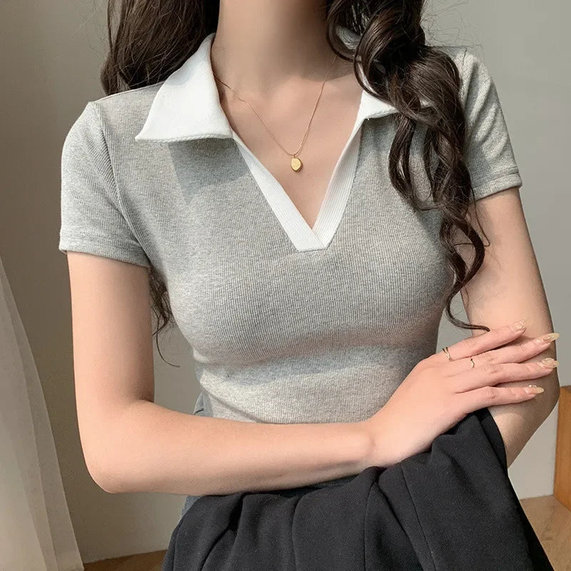 Chic Short Sleeve Polo Neck T-Shirt Women's Summer New Design Sensation Gexuan Fashionable Flip Collar Shoulder Length.
