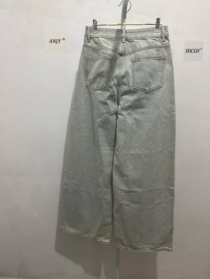 ANJY Autumn Winter Women Fashion Casual Versatile Washed Tide Diamonds Straight Jeans Trend Design Sense High Waist Pants A10636