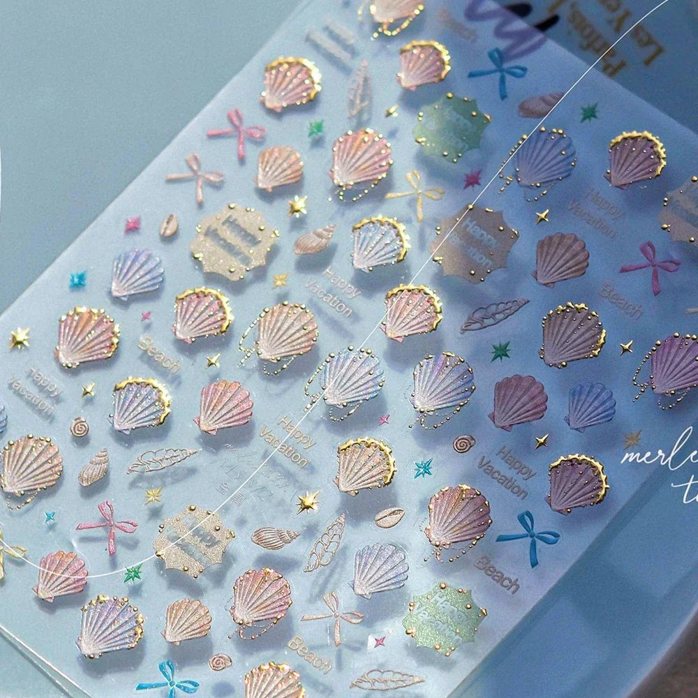 Ocean Theme 5D Nail Sticker Summer Beach Seashells Starfish Conch Scallop Shell Coral Self Adhesive Decoration Manicure Decal