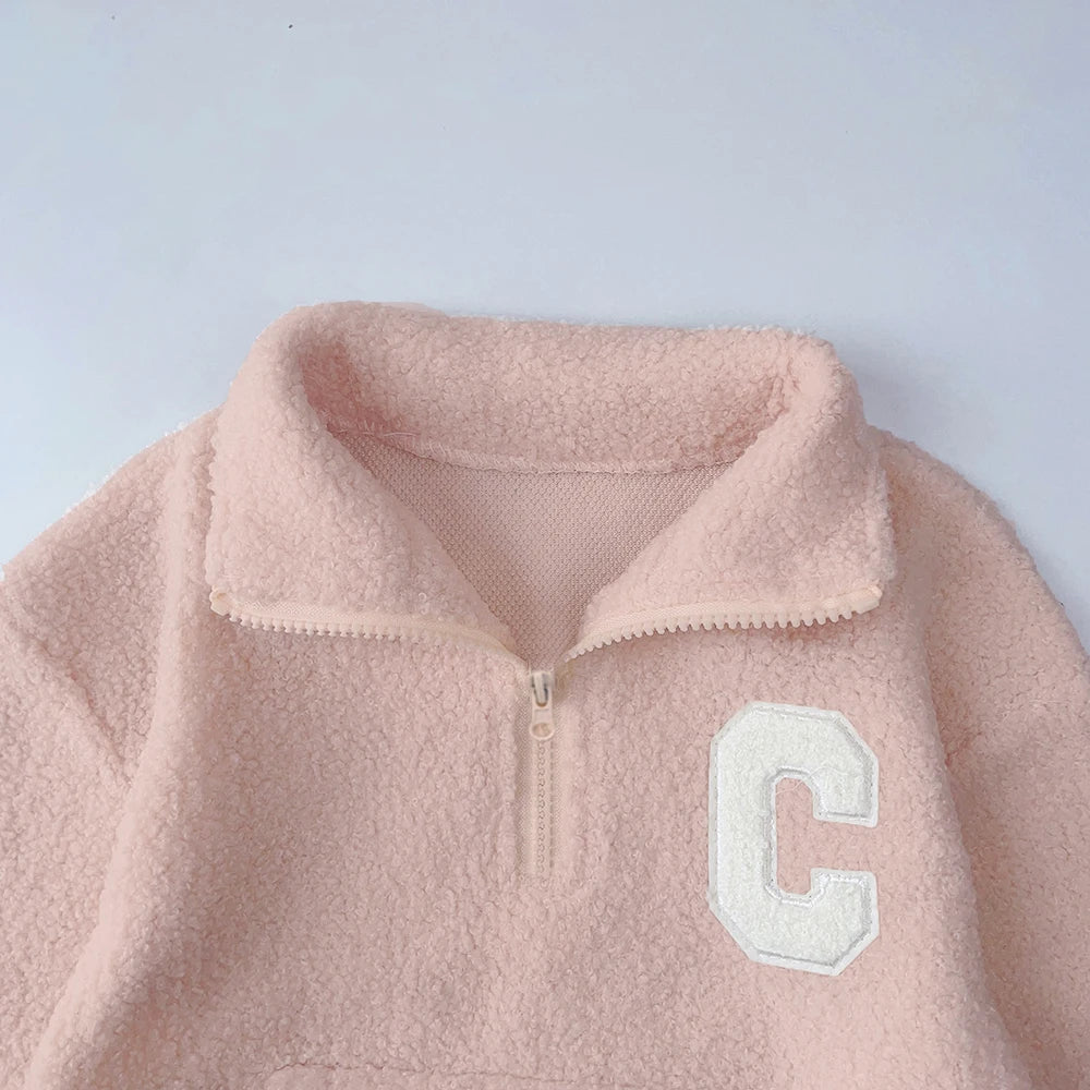 Bear Leader Girls' Set 2023 New Children's Autumn New Lamb Fleece Standing Collar Pullover Top+Pants Two Piece Kids' Fashion Set.