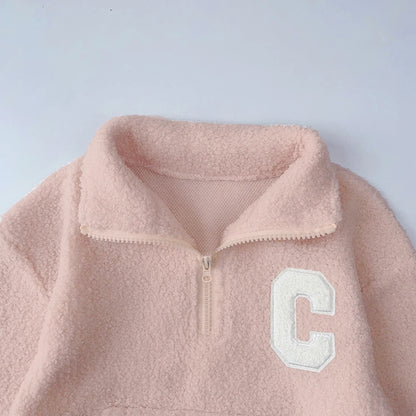 Bear Leader Girls' Set 2023 New Children's Autumn New Lamb Fleece Standing Collar Pullover Top+Pants Two Piece Kids' Fashion Set.