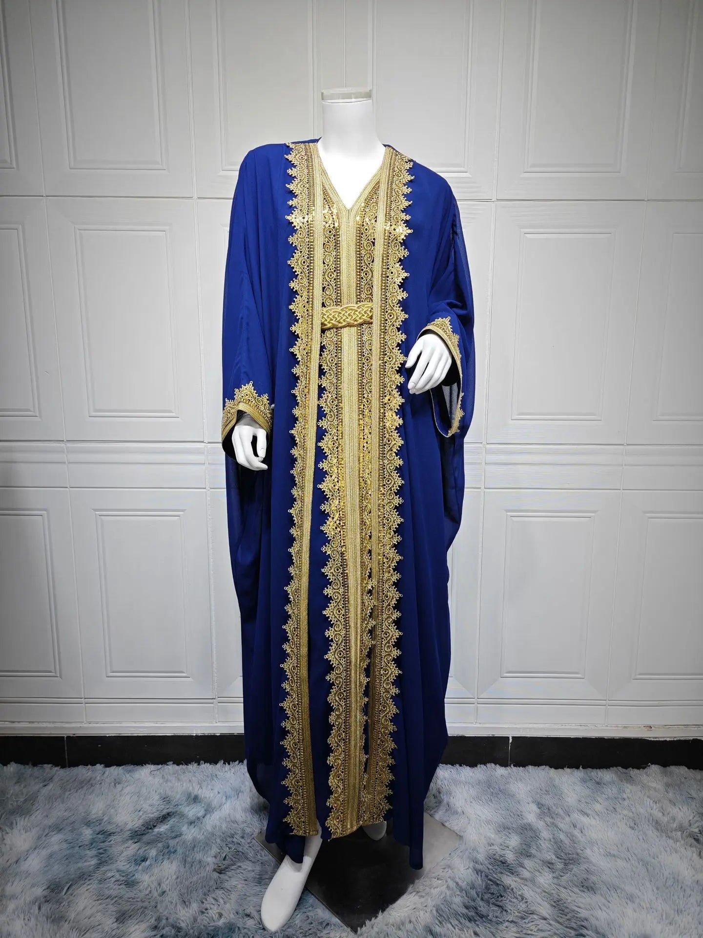 Eid Frauen Abaya Kleid Muslim 2-teiliges Set Strickjacke mit Innenkleid Schnürmantel Kaftan Robe Jalabiya Ramadan Marokko Kaftan 2025