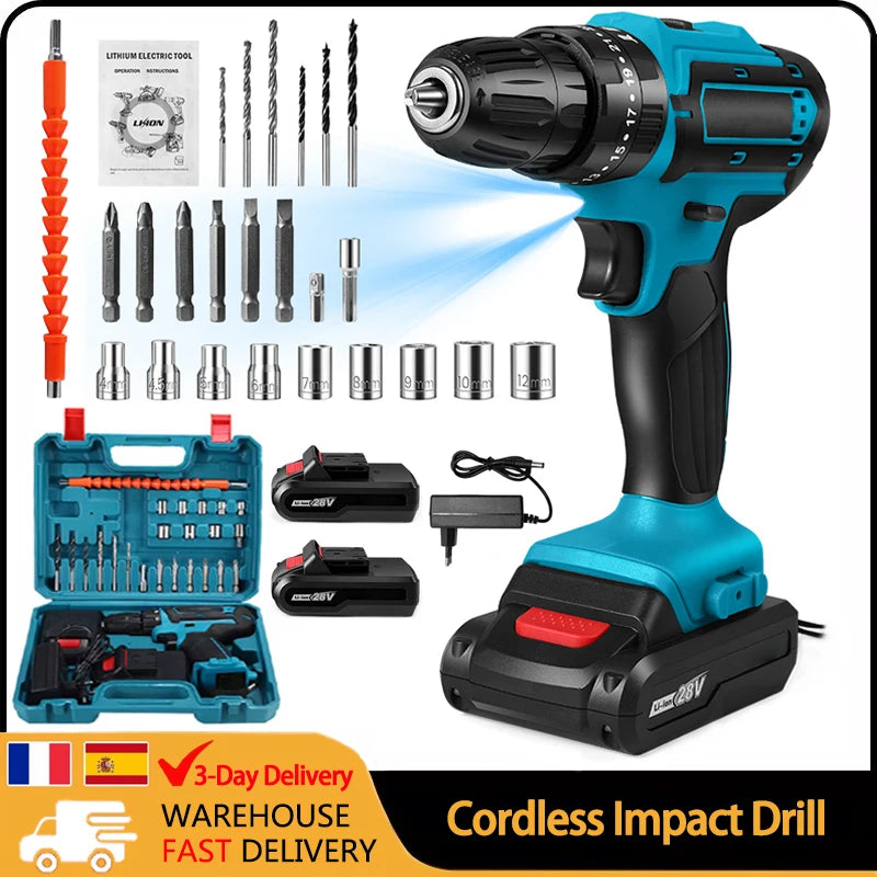 28V Akku-Schlagbohrmaschine Elektroschrauber Elektrischer Bohrhammer Mini Wireless Handbohrmaschine Lithium-Ionen-Akku Elektrowerkzeuge