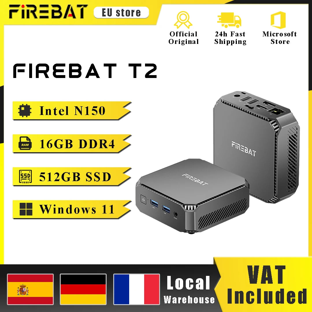 FIREBAT T2 Mini PC Intel N150 CPU Windows 11 DDR4 16GB RAM 512GB SSD WIFI5 BT4.2 Desktop Computer HDMI USB Port.