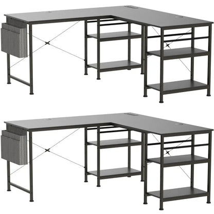 L-förmiger Schreibtisch Computertisch mit Regal, großer Arbeitsplatz, Home Office Gaming Tisch, höhenverstellbar, Schwarz