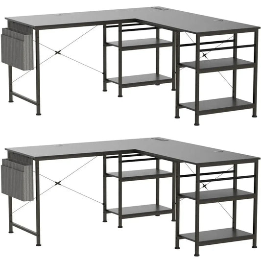 L-förmiger Schreibtisch Computertisch mit Regal, großer Arbeitsplatz, Home Office Gaming Tisch, höhenverstellbar, Schwarz