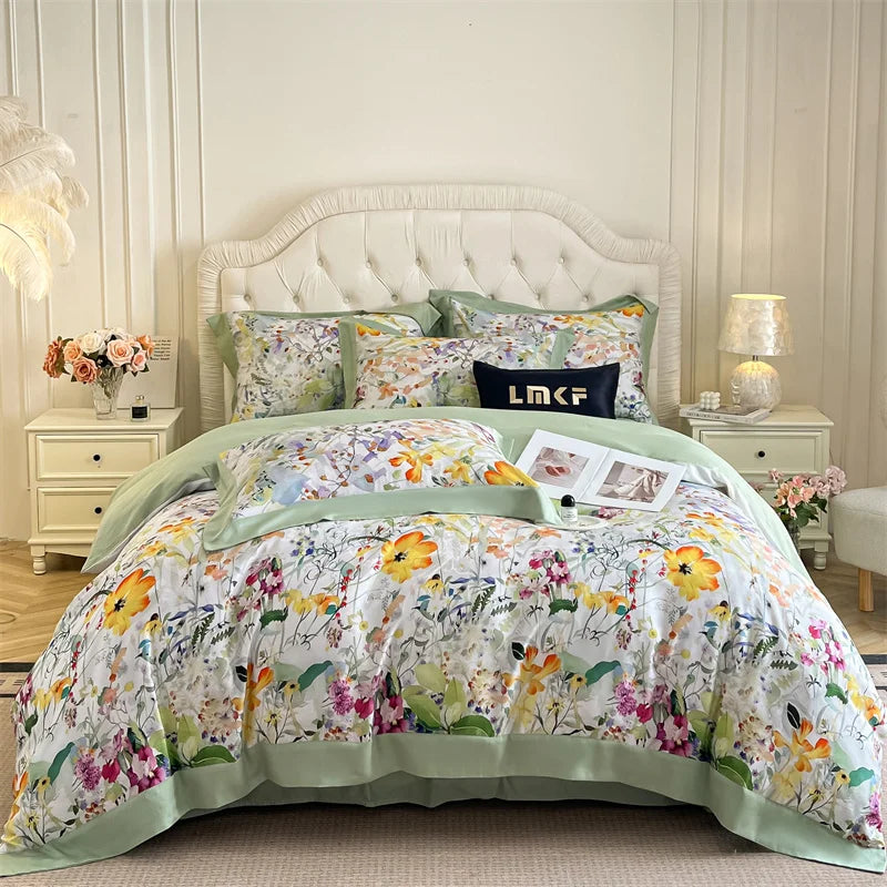 Flowers Prints Bedding Set Lyocell Eucalyptus Fiber Super Soft Silky Cool Feeling Duvet Cover Bed Sheet/Fitted Sheet Pillowcases