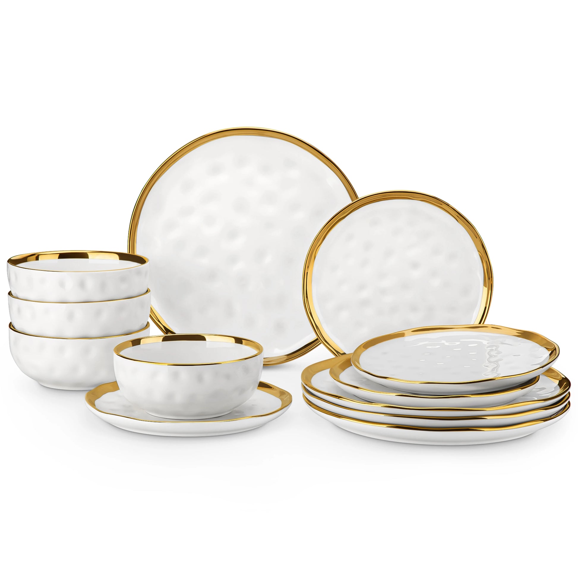 LOVECASA 12/24 Piece Ceramic Porcelain White and Golden Rim Dinnerware Sets With 4/8 PCS Dinner Plate/Dessert/Cereal Bowl for 4.
