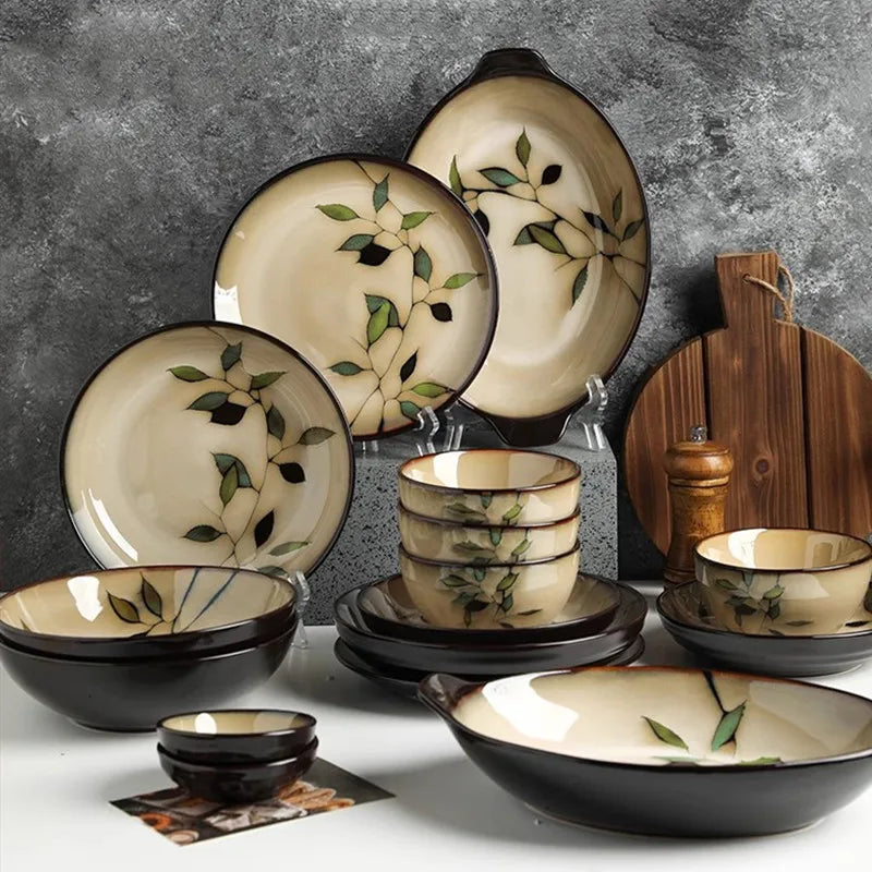 1Pc Vintage Bamboo Leaf Ceramic Bowl Salad Plate Exquisite Ceramic Cutlery Household Noodle Bowl Western Steak Cake Sushi Plate.