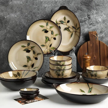 1Pc Vintage Bamboo Leaf Ceramic Bowl Salad Plate Exquisite Ceramic Cutlery Household Noodle Bowl Western Steak Cake Sushi Plate.