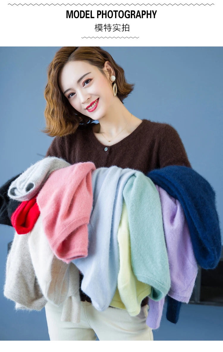Women Cardigan Large Size Warm Pure Mink Cashmere Sweaters O-neck Loose Coat Female Sweater Ladies' Jacket Solid Knit Cardigans.