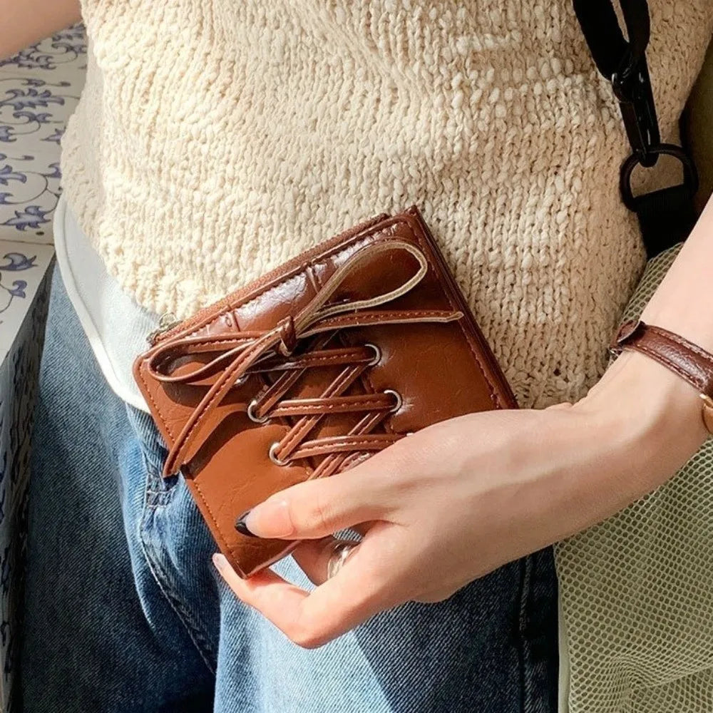 YK2 Strap Bow Women Wallets Short Wallets Card Holder Folding Zipper Coin Purse Girl PU Leather Coin Pouch Casual Clutch Bag.