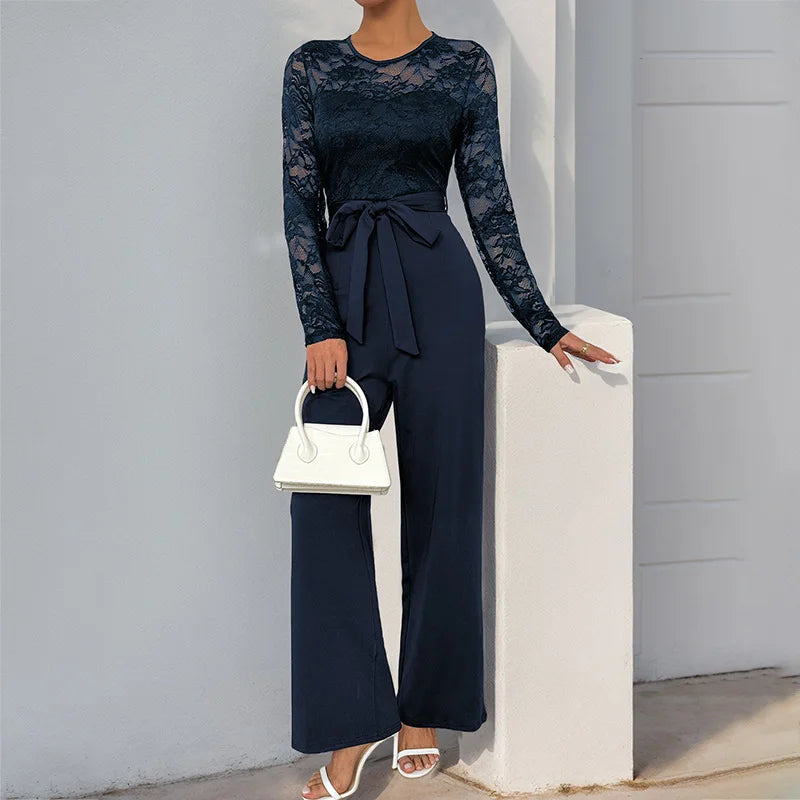 Woman Black Lace Sleeve Jumpsuit Round Neck Belted Waist Ideal for Evening Parties and Cocktail Events