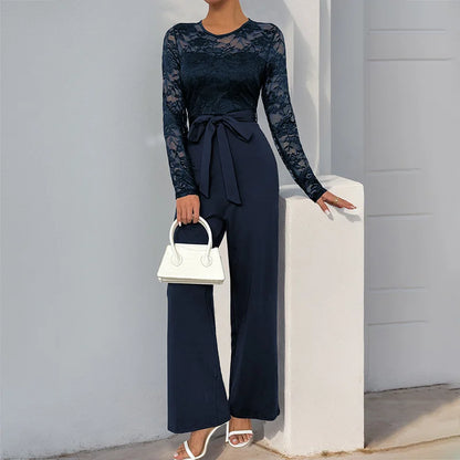 Woman Black Lace Sleeve Jumpsuit Round Neck Belted Waist Ideal for Evening Parties and Cocktail Events