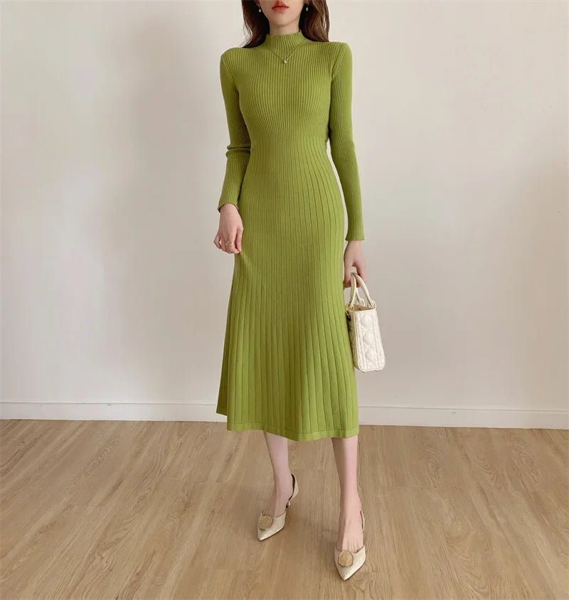 Herbst Winter 2023 Schlank Langarm Party Midi Kleid für Frauen Gestrickte Halb Hohen Kragen Elegante Gestrickte Pullover Kleider Damen.