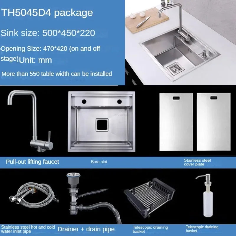 Hidden Stainless Steel Kitchen Sinks Modern Kitchen Accessories with Cover Kitchen Sink Dish Drainer Light Luxury Single Tank L