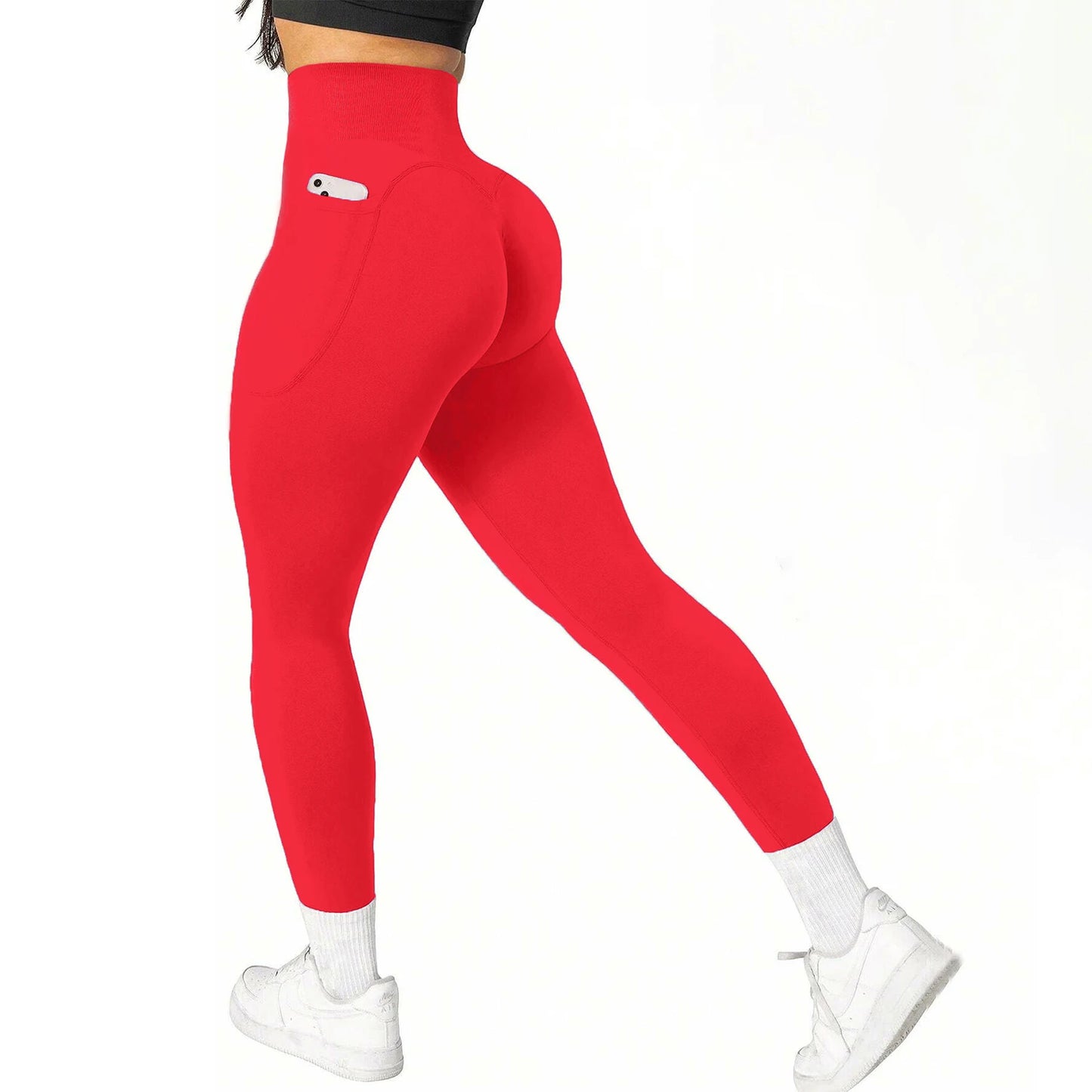 High Waisted Seamless Yoga Pants Butt Lifting Booty Sculpting Gym Leggings with Side Pockets Sexy Workout Tights for Women.
