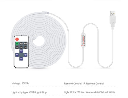 RF Remote Control Dimmable COB LED Neon Lights Strip Silica Tube Waterproof USB Lamp 1m 2m 3m 5m Night Lighting Excluded battery.