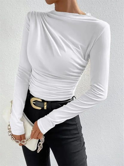 Slim Fit Long Sleeve Women's T-shirt Pure Color Design Pleated Detail Base Shirt Ladies Top Quality Material Comfortable Wear.