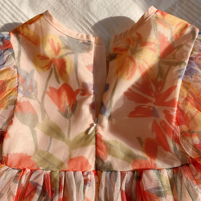 2023 sommer Kinder Kleidung Puff Sleeve Blumen Druck Kleid Für Mädchen Mesh Kinder Kleid für Mädchen.