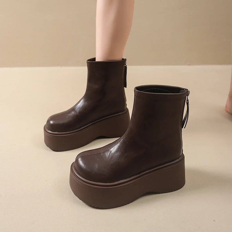 Autumn Winter Chunky Heel Women Short Boots Vintage Round Toe Platform Shoes Ladies Short Plush Gothic Ankle Booties.