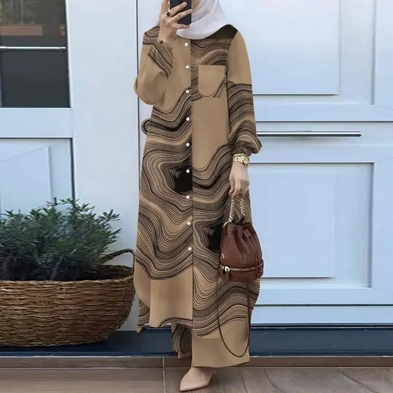 Mandylandy Muslim Robe Long Shirts Women Islamic Clothing Arabian 2 Piece Set Outfits Long-sleeve Shirt and Trousers Sets.