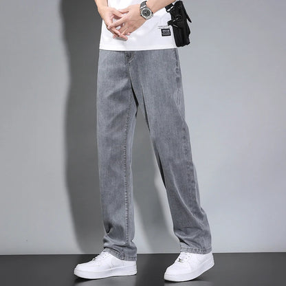 Summer Thin Men's Straight Loose Gray Jeans Soft Fabric Lyocell Fabric Light Colored Casual Pants Male Brand Trousers.