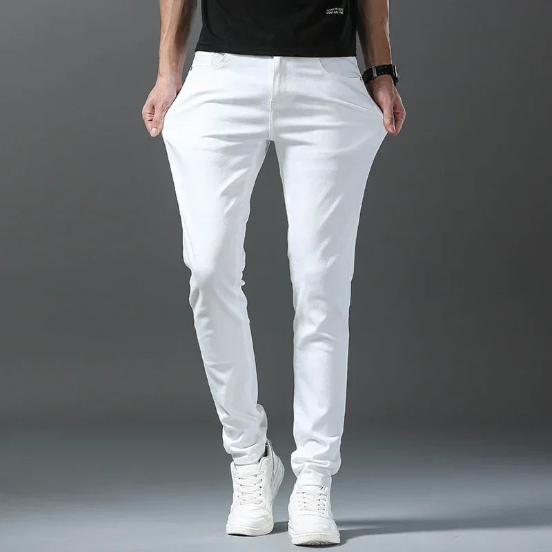 2025 Spring Summer New 98%Cotton Men's Slim Jeans Straight Casual Fashion Pencil Pants High Quality Trousers Male Clothes White.