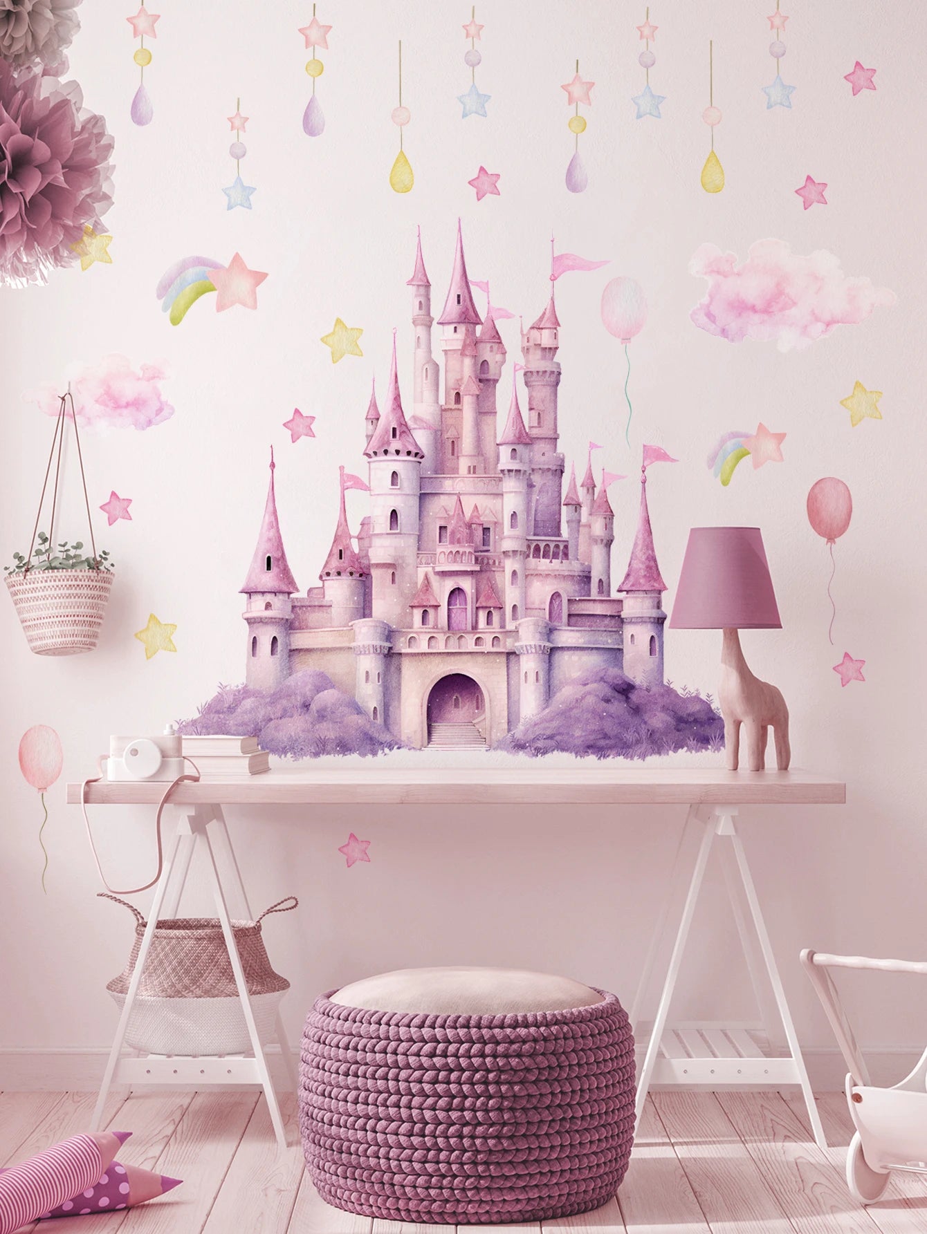 2sheet/set Pink Castle Wall Decals,  Clouds Stars Wall Stickers, Balloon Wall Decor for Kids Girls Bedroom Nursery Home.