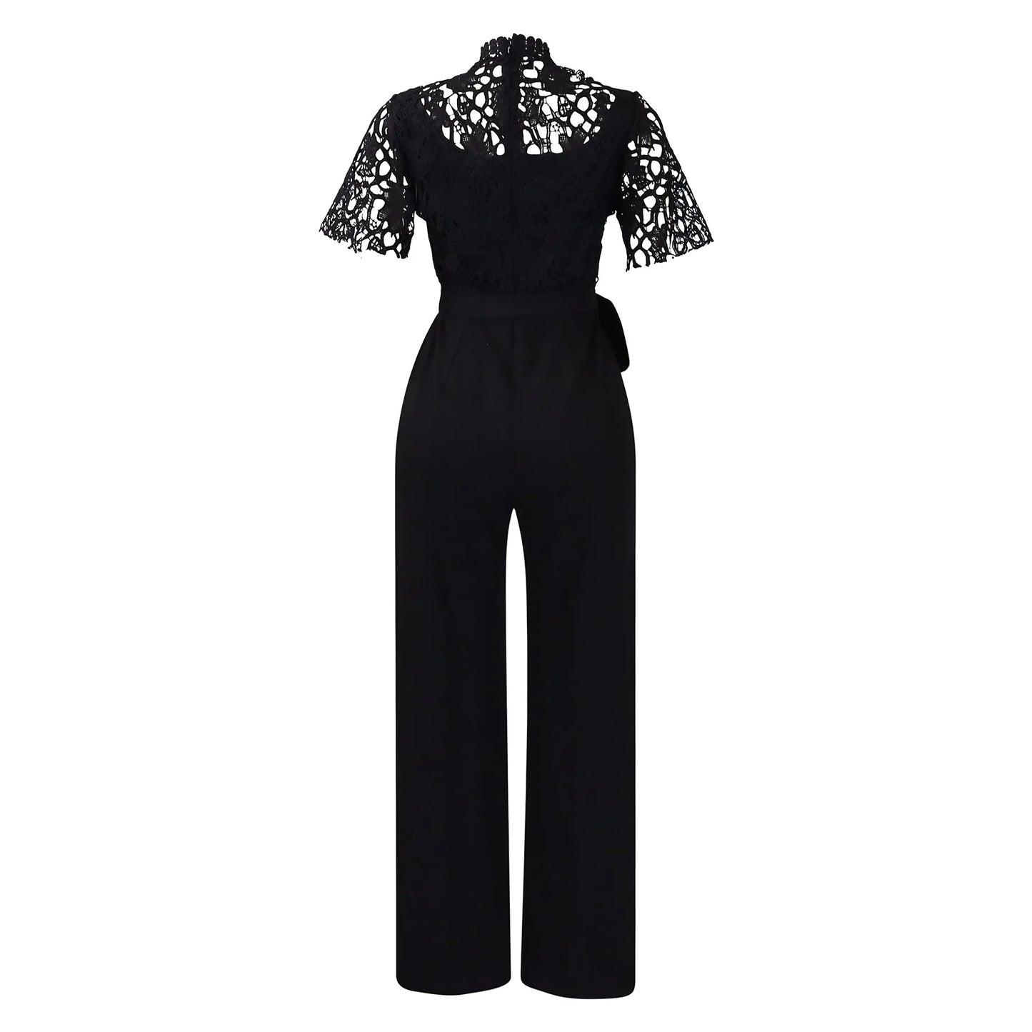 Elegant Jumpsuits & Rompers for Women O Neck Lace Patchwork Short Sleeve Sashes High Waisted Luxury Birthday Party Dinner Outfit