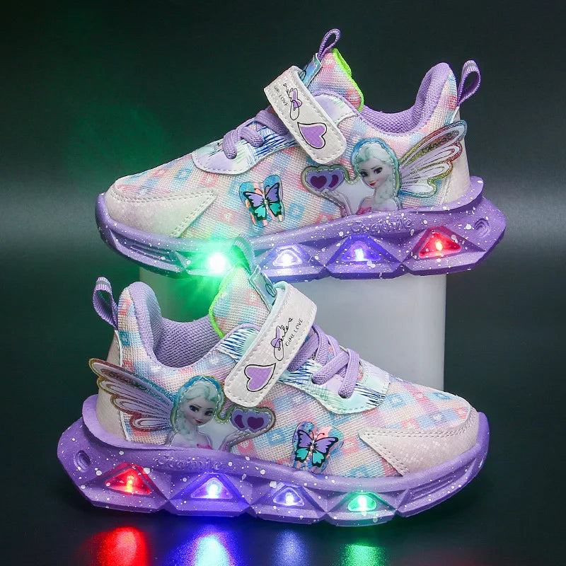 Disney Children's Sports Shoes Led Lights Sneaker Cartoon Frozen Princess  Elsa PU Leather Girls' Pink Children's Running Shoes.