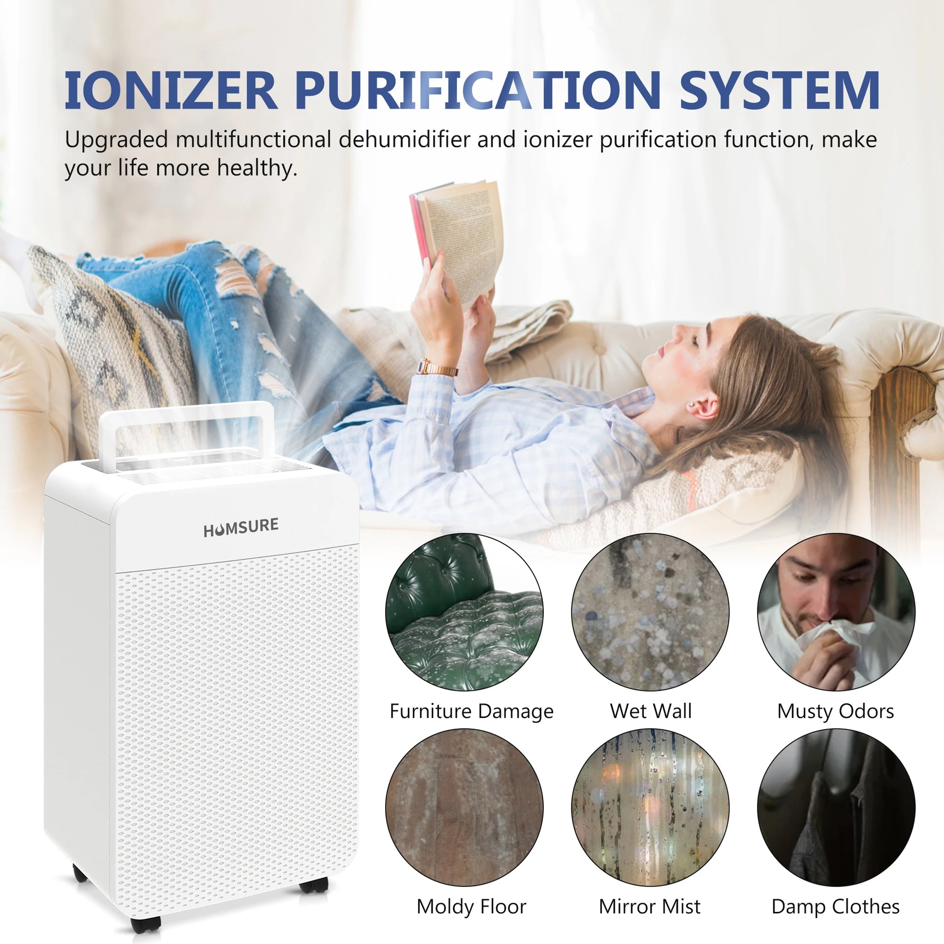 HUMSURE Electric Dehumidifier 25L/24H, Dehumidifier Basement Rooms with 5.5 Litre Water Tank, Timer, Automatic Defrosting.