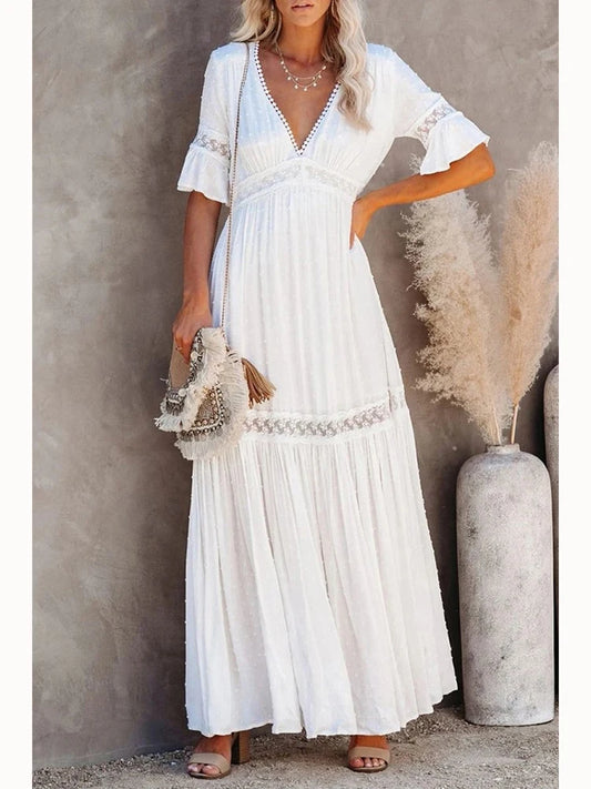 Fitshinling Spitze Spleiß Maxi Party Kleider Frauen tiefen V-Ausschnitt sexy lange Pareo weibliche Flare Ärmel weißes Kleid Tanz tragen Kostüm