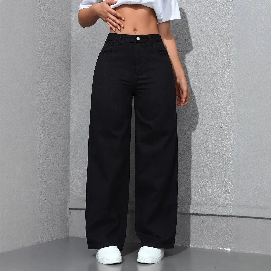 American Style High Waist Wide Leg Jeans Women's Spring New Loose Slim Straight Floor-Length Denim Pants