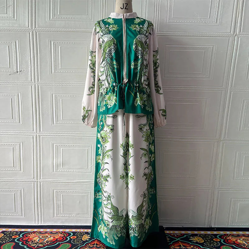 Summer Fashion Print Women's 2-piece Set Flower Zipper Baseball Uniform Drawstring Trousers Two-piece Outfit Elegant Office Suit.