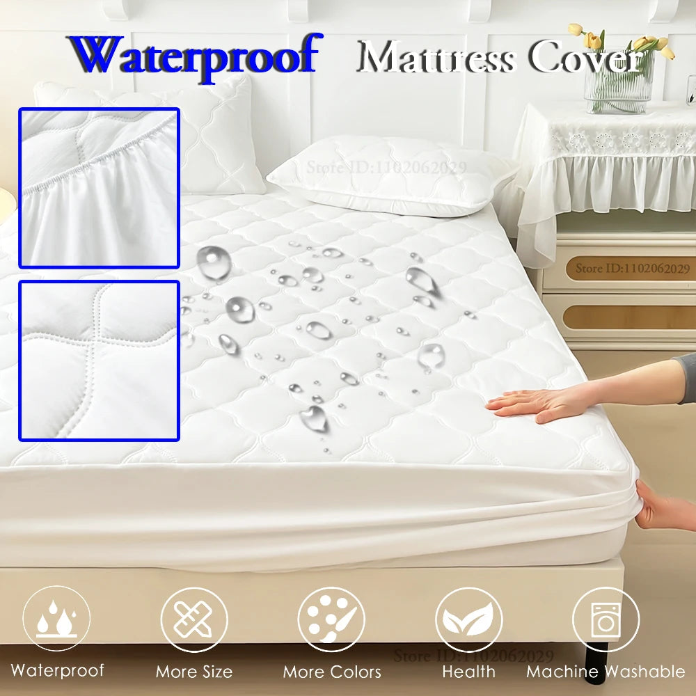 Waterproof Throw Mattress Cover Bed Fitted Sheet Mattress Bedspread Protector Pads Single/Double/King/Queen Full Size Gray/White.
