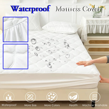 Waterproof Throw Mattress Cover Bed Fitted Sheet Mattress Bedspread Protector Pads Single/Double/King/Queen Full Size Gray/White.