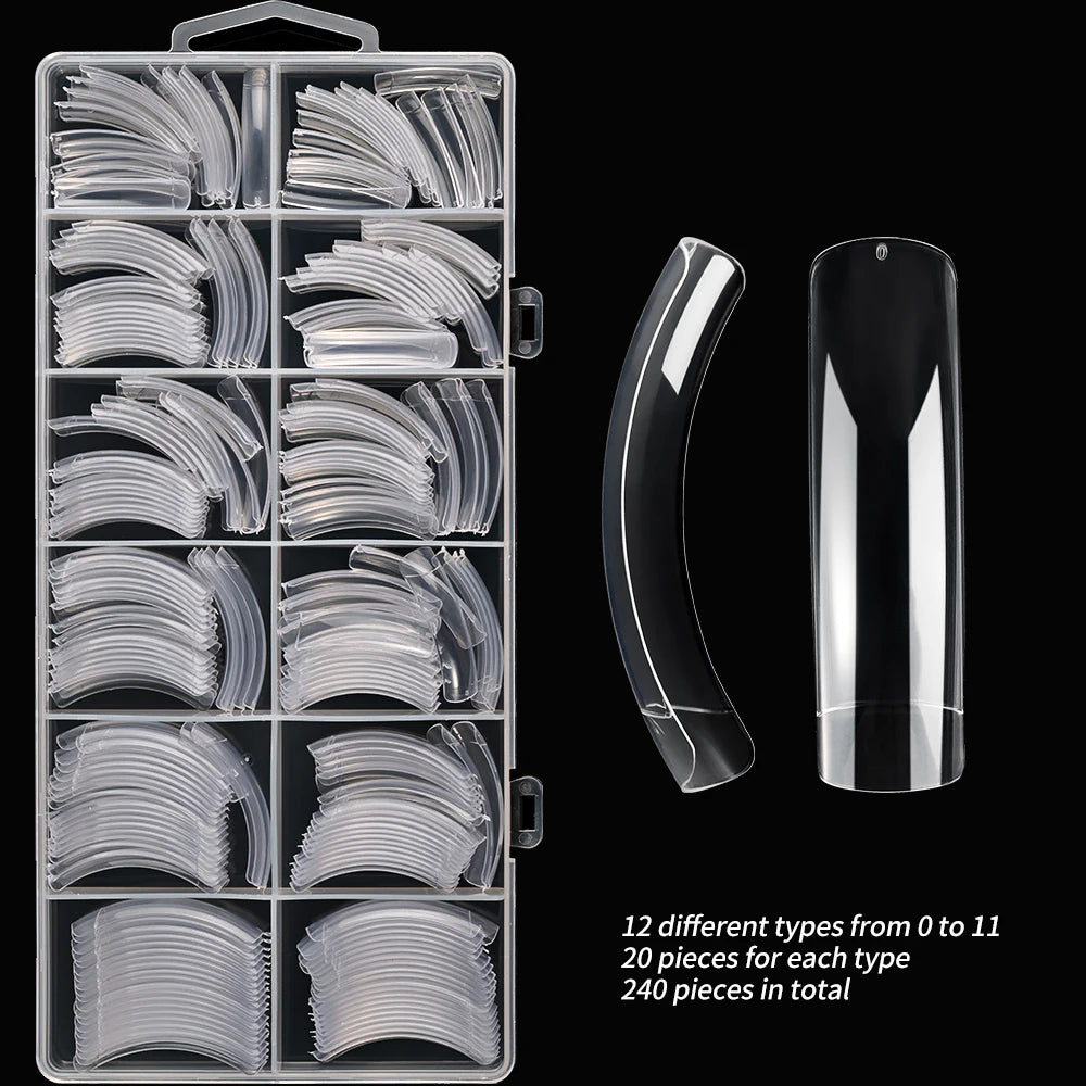 240Pcs/Box Extra Long Bend False Nails 12-Sizes Full Cover Press On Nail Clear/White/Black Building Extension Fake Fingertips *&.