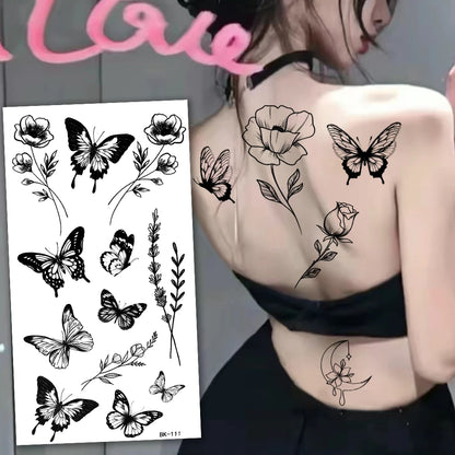 1/6pcs Black Butterfly Fake Tattoo Waterproof Temporary Tattoo Stickers Leg Arm Hand Foot Body Arts Magic Flower Texture Sticker.