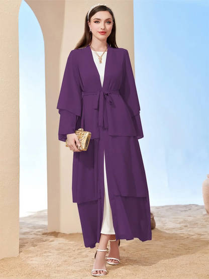 Ramadan kebaya Layered Open Front Abaya, Long Sleeve Dress With Belted , Without Hijab, Women's Clothing.