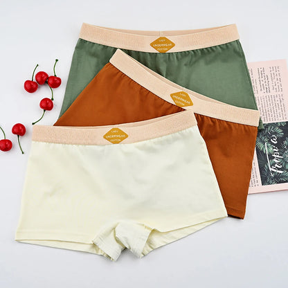 3PCS/Pack 100% Cotton Multicolor Solid Women's Boxer Knit Breathable Panties Underwear Soft High Elastic Mid-rise Thin Boyshorts