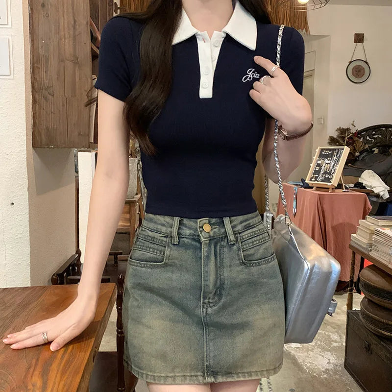Original Quality Short Sleeve Polo Neck T-Shirt Women's Slim Fit Waist Cinched Sexy Design Casual Sweet Style Polyester Fabric.