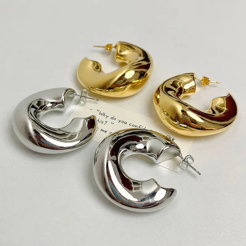 New Retro Chunky C Shape Hoop Earrings Glossy Gold Plated Pvd Circle Round Tube Huggie Hoops Stacked Ear Jewelry.