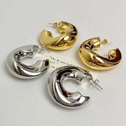 New Retro Chunky C Shape Hoop Earrings Glossy Gold Plated Pvd Circle Round Tube Huggie Hoops Stacked Ear Jewelry.