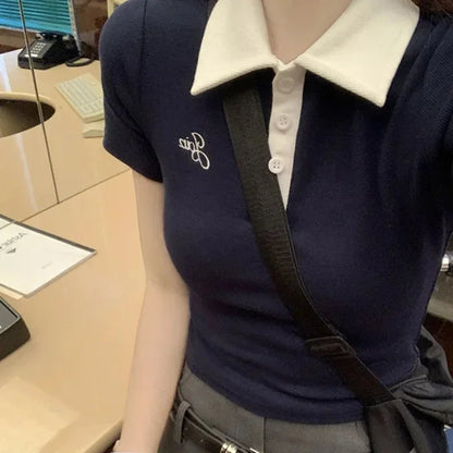 Slim Fit Short Sleeve Polo Neck T-Shirt Women's Sweet And Spicy Design Sensation Small Audience AE Stockpile Brand.