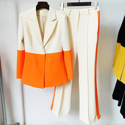 HIGH STREET Newest 2024 Designer Runway Suit Set Women's Single Button Color Block Blazer Flare Pants Suit.