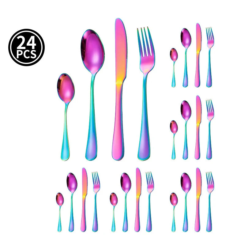 24pcs Golden Tableware Set Light Luxury Stainless Steel Cutlery Fork Knife Spoon Dinnerware Set Minimalist Decor with Gift Box