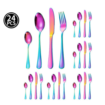 24pcs Golden Tableware Set Light Luxury Stainless Steel Cutlery Fork Knife Spoon Dinnerware Set Minimalist Decor with Gift Box