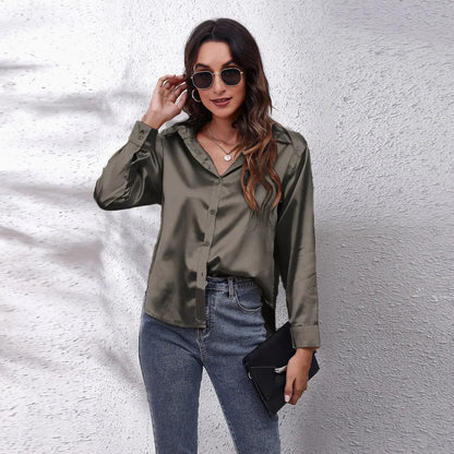Autumn Women Solid Satin Shirt Long Sleeve Imitation Silk Loose Button Up Blouse Shirt Ladies Tops Fashion Clothing.